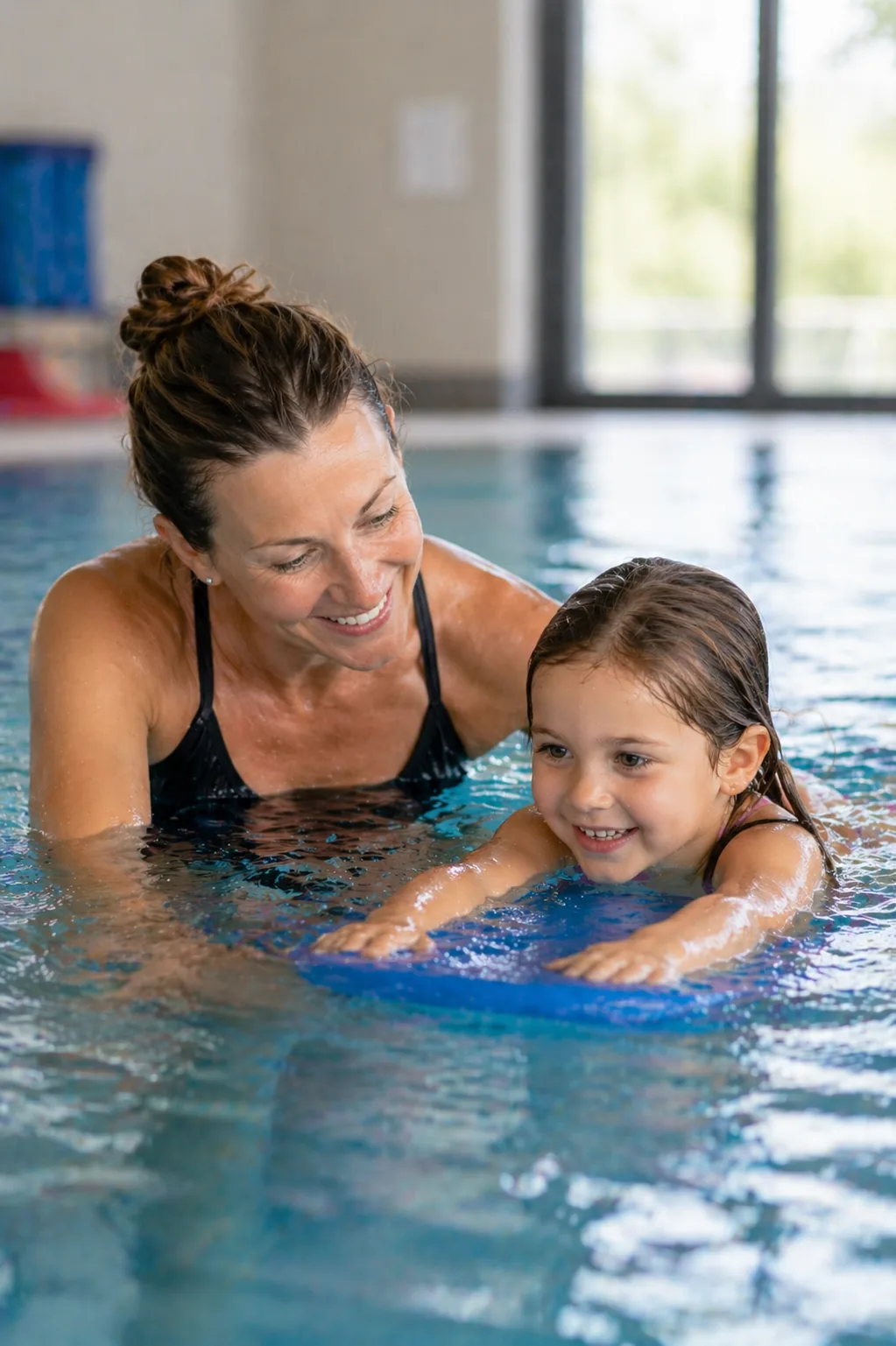 Ein Kind lernt mit seiner Schwimmlehrerin schwimmen